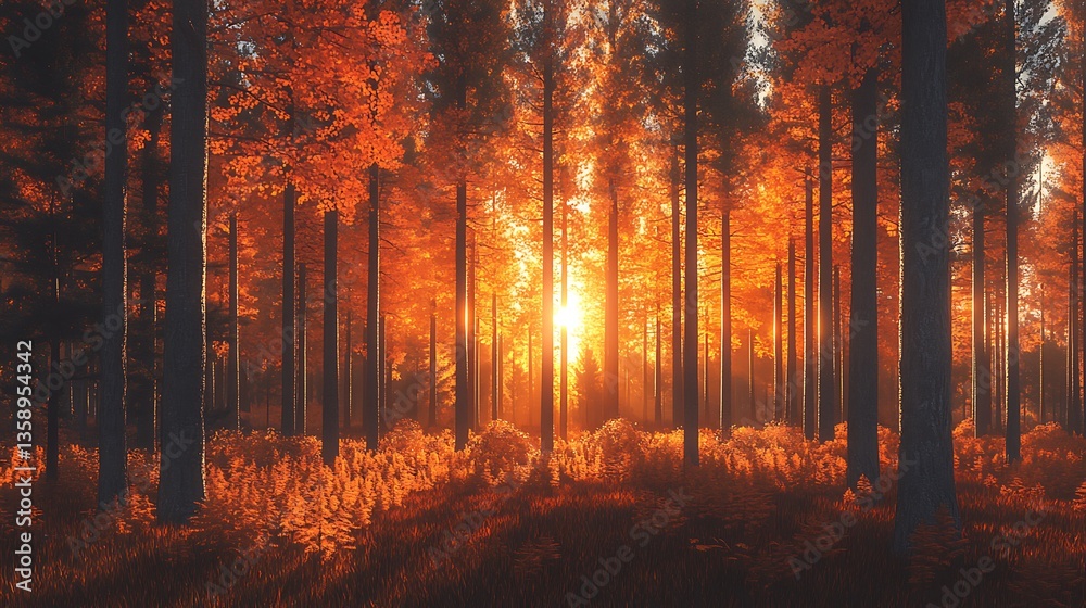 Fototapeta premium Sunset in autumn forest with orange foliage.