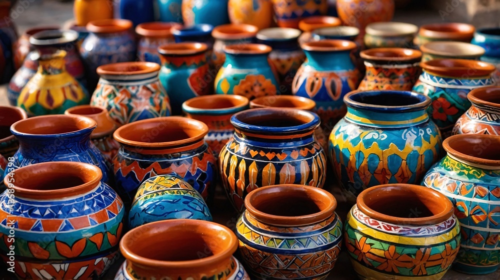 A vibrant display of handcrafted pottery with intricate designs in various colors, showcasing artistic craftsmanship. A vibrant display of handcrafted pottery with intricate designs in various colors, showcasing artistic craftsmanship.