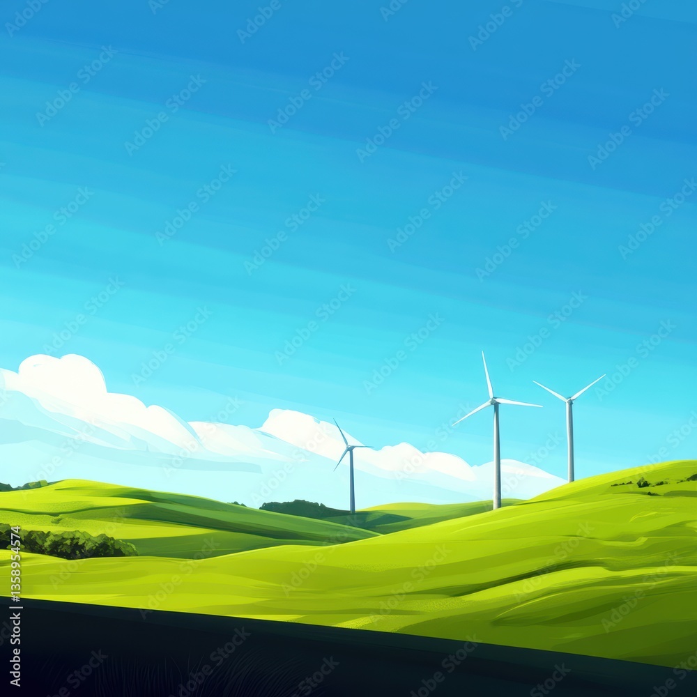 Obraz premium Renewable energy wind turbines on green rolling hills under blue sky
