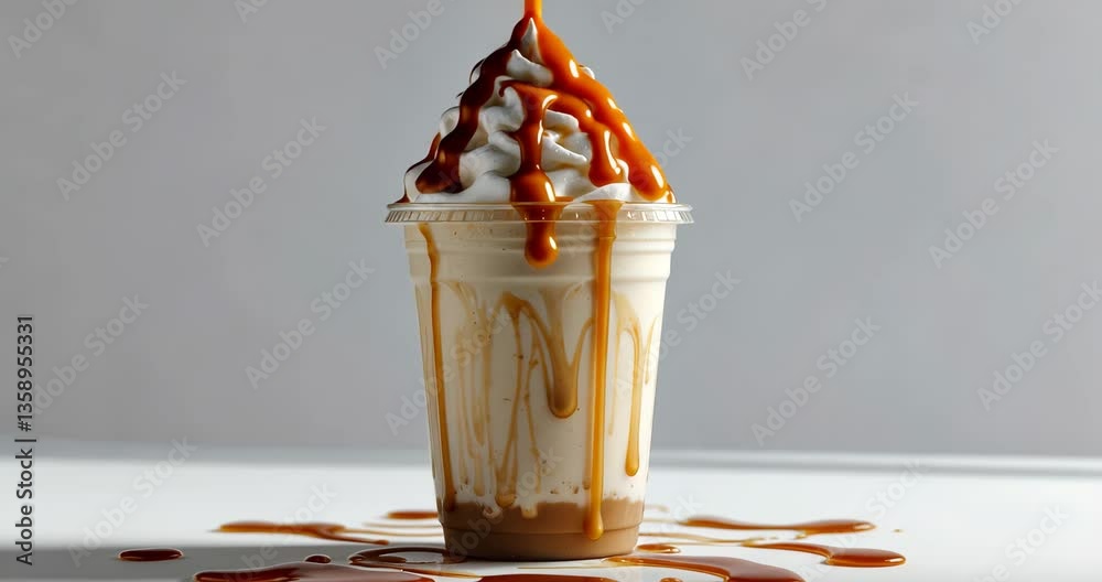 Latte frappe iced with caramel and topped with whipped cream