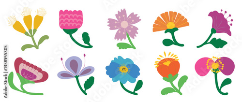 Collection of spring colorful flower elements vector. Set floral of wildflower, leaf branch, foliage on white background. Hand drawn blossom illustration for decor, easter, thanksgiving, clipart.