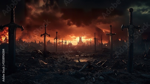 A desolate battlefield strewn with broken swords and bones, a darkened sky lit by distant flames ominous silhouettes in the distance.  