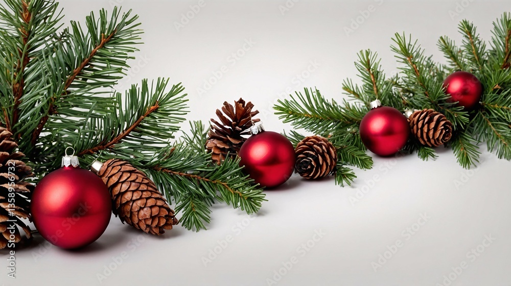 Festive arrangement of red ornaments and pinecones with evergreen branches, creating a warm holiday atmosphere. Festive arrangement of red ornaments and pinecones with evergreen branches, creating a warm holiday atmosphere.