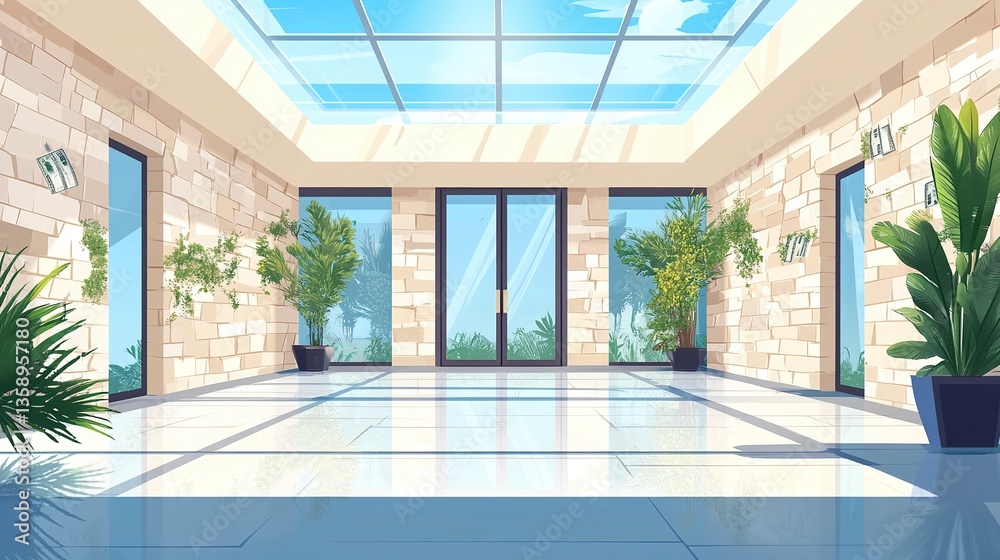 Fototapeta premium A detailed clipart of a modern financial institution, featuring polished stone walls and a skylight roof, with cash symbols subtly included, on white. 
