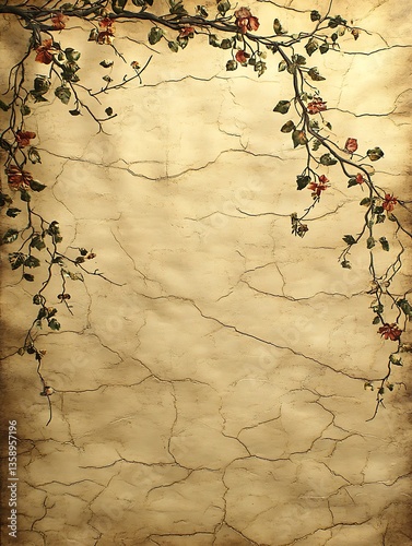 Decorative vine branches with flowers adorn a textured and cracked wall