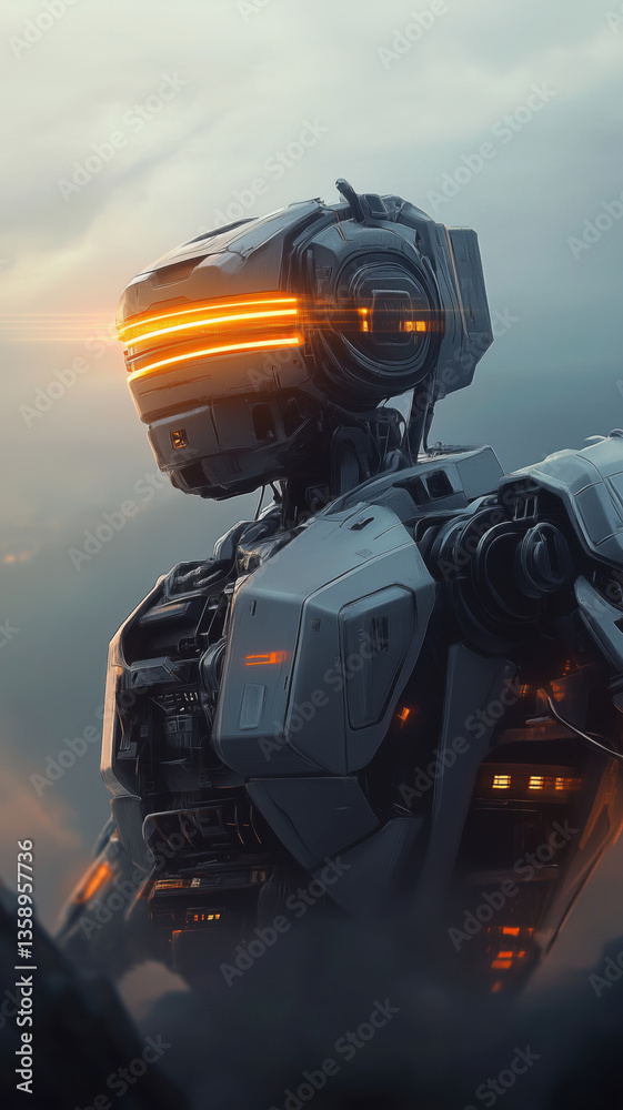Futuristic robot with a visor-style glowing headlight and cybernetic armor, looking off into the distance.
Futuristic robot with a visor-style glowing headlight and cybernetic armor, looking off into the distance.