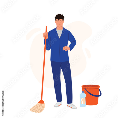 Vector illustration of a young guy cleaner. Cartoon scene of a handsome guy in uniform, dark blue pants, shirt, t-shirt, sneakers, holding a mop, bucket, detergent isolated on white background.