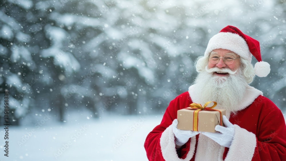 Smiling older Caucasian man in Santa Claus costume, holds gift box outside during snowfall, Holiday cheer, gift-giving, winter season, and festive mood are present, Smiling older Caucasian man in Santa Claus costume, holds gift box outside during snowfall, Holiday cheer, gift-giving, winter season, and festive mood are present,