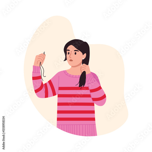 Vector illustration of a girl faced with the problem of hair loss. Cartoon scene of a surprised girl in a striped sweater, holding her fallen hair isolated on white background. Excessive hair loss.