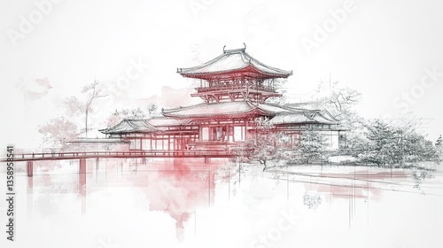 Wallpaper Mural A detailed sketch of a Japanese temple with tiered roofs and a garden bridge, enveloped in morning mist, with faint cherry blossoms, set on a white backdrop.   Torontodigital.ca