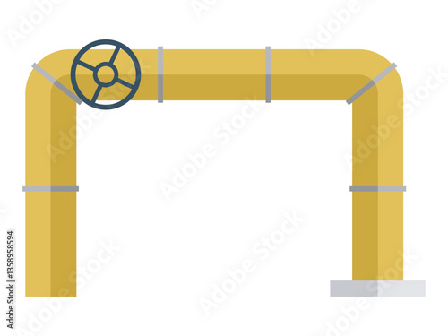 Yellow industrial pipeline with steel reinforcements and a circular valve on one end against a white backdrop. Ideal for engineering, construction, industrial processes, water management, oil