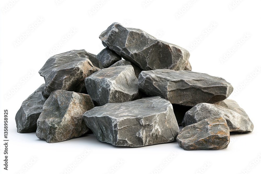 A digital rendering of an uneven pile of gray stones, showcasing detailed textures, rough edges, and natural positioning, on white. A digital rendering of an uneven pile of gray stones, showcasing detailed textures, rough edges, and natural positioning, on white.