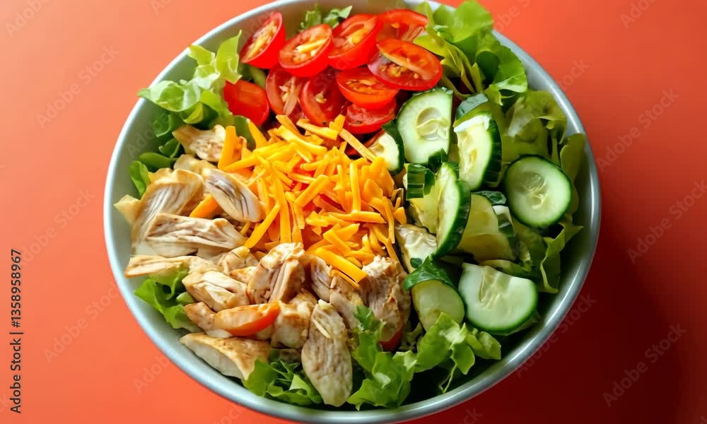 Overhead Shot of Colorful Chicken Salad with Tomatoes and Cucumbers on Orange Background Overhead Shot of Colorful Chicken Salad with Tomatoes and Cucumbers on Orange Background