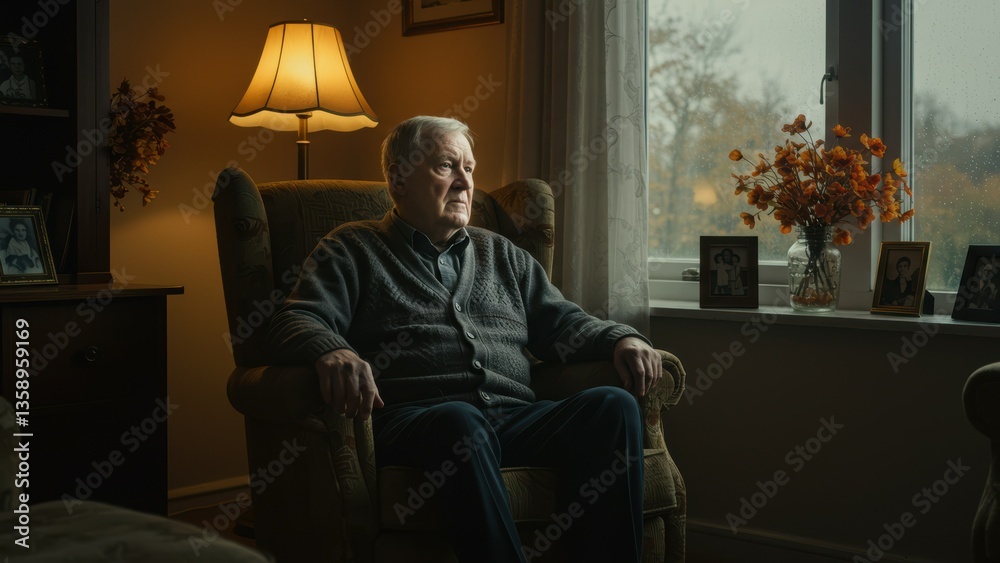 Fototapeta premium Elderly Caucasian man sits in an armchair by a window, thoughtfully gazing outward; somber light, nostalgic atmosphere, evokes reflection and introspection, Family photos are present,