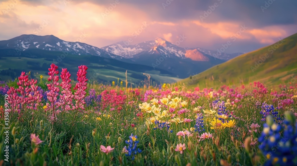 Fototapeta premium A field of flowers with a mountain in the background