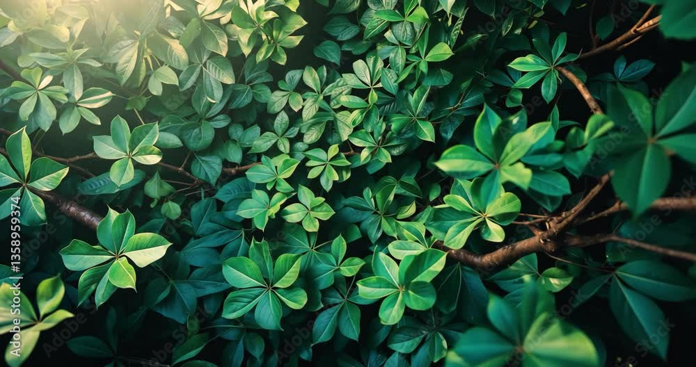 A cluster of green leaves with numerous branches seen from a bottom perspective.