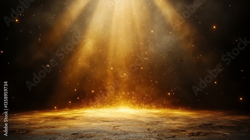 Golden light rays illuminating dark floor.