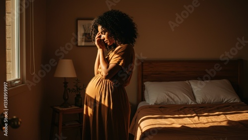 A pregnant Black woman, 25-35, stands in a bedroom in warm lighting, She is wearing an earthy tone dress, hand touches head, Bedroom set indoors, pregnancy themes,