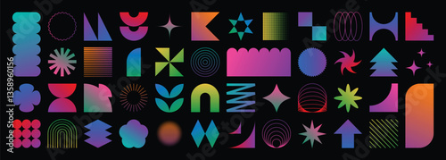 Set of abstract gradient geometric shapes vector. Collection of contemporary figure, flower, circle, sparkle, pixel, halftone, line. Design element perfect for banner, prints, stickers, decor.