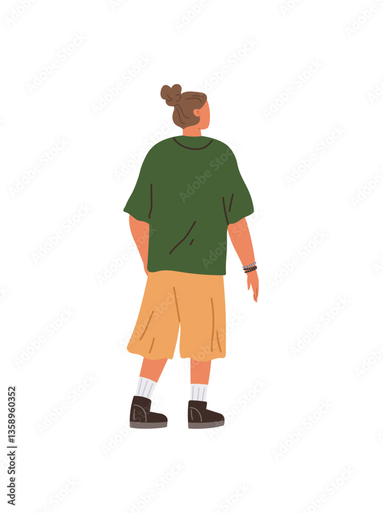 A person with a bun hairstyle is wearing a loose green t-shirt, yellow shorts, white socks, and dark shoes. Ideal for casual fashion, everyday wear, street style, youth culture, and modern trends A person with a bun hairstyle is wearing a loose green t-shirt, yellow shorts, white socks, and dark shoes. Ideal for casual fashion, everyday wear, street style, youth culture, and modern trends