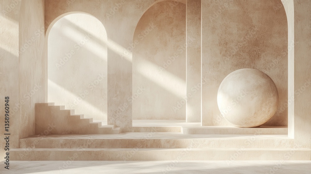 Fototapeta premium Serene architectural scene with arches staircase and a sphere creating a minimalist and modern aesthetic bathed in warm light ambiance