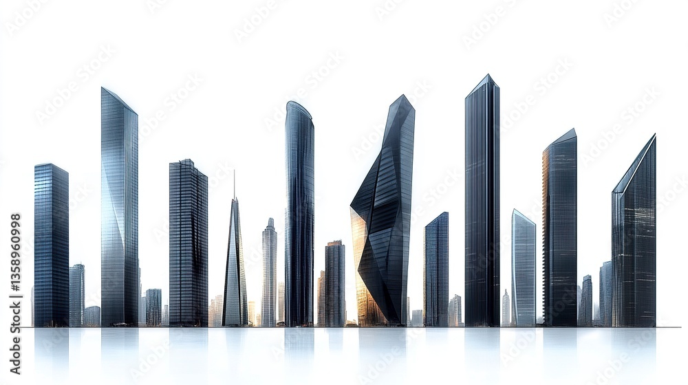 Fototapeta premium A group of sleek skyscraper silhouettes with distinctive shapes, from angular facades to smooth curved designs, isolated on white.