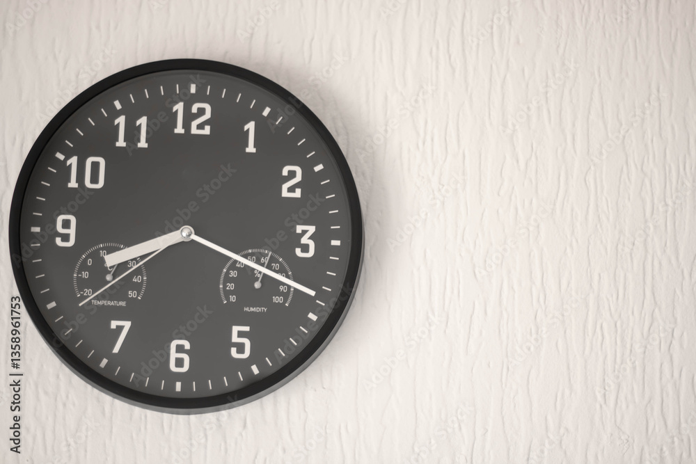 black and white clock hanging on a white wall representing time as an essential resource of every business black and white clock hanging on a white wall representing time as an essential resource of every business