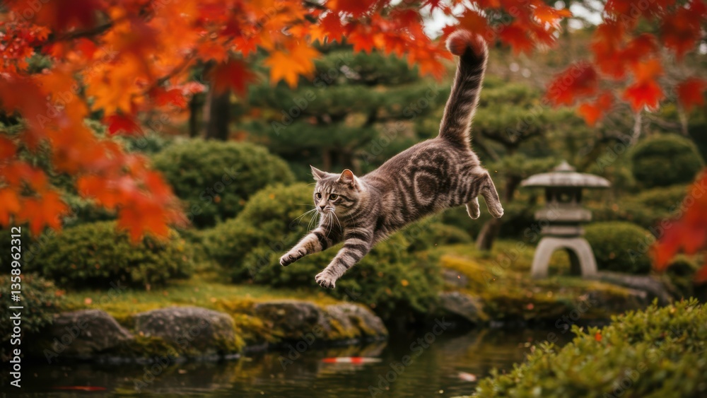 Fototapeta premium Tabby cat leaps over pond in serene Japanese garden with vibrant autumn foliage, evoking a sense of peace, Stone lantern and meticulously pruned shrubs enrich scene,