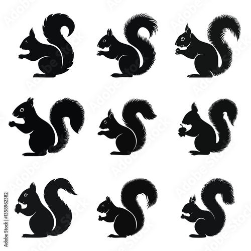 Set of Silhouettes of Adorable Squirrels