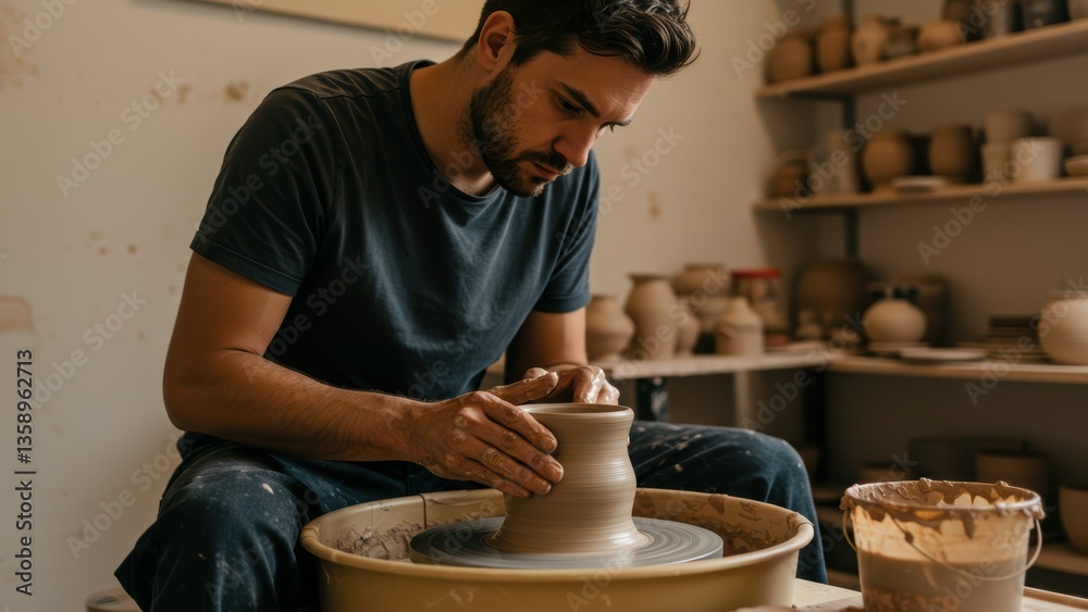 Focused young adult Caucasian male shapes a vase on a pottery wheel, Warm lighting creates a calm, artistic atmosphere in the pottery studio, hobby and artistic expression,