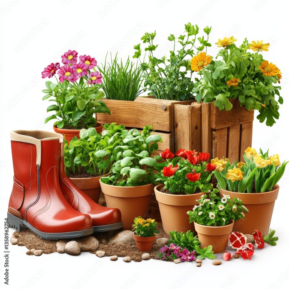 rustic gardening tools with potted plants and rain boots on wooden surface visualizing home garden lifestyle plant cultivation and decorative horticulture equipment scene rustic gardening tools with potted plants and rain boots on wooden surface visualizing home garden lifestyle plant cultivation and decorative horticulture equipment scene
