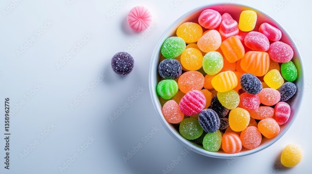 Bowl of colorful candies with a white background. The candies are of different colors and shapes, and they are scattered all over the bowl. The bowl is placed on a table Bowl of colorful candies with a white background. The candies are of different colors and shapes, and they are scattered all over the bowl. The bowl is placed on a table