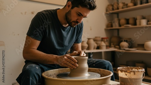 Obraz na płótnie Focused young adult Caucasian male shapes a vase on a pottery wheel, Warm lighting creates a calm, artistic atmosphere in the pottery studio, hobby and artistic expression, w salonie