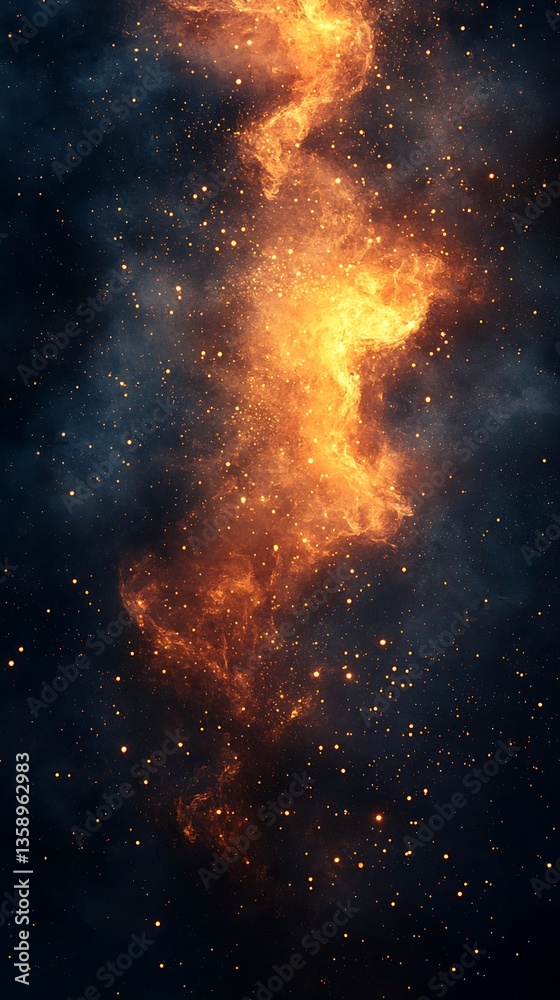 Fototapeta premium Fiery Orange and Gold Nebula Against a Starry Sky