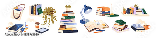 Set of paper and e books. Piles of textbooks for learning. Heaps of fiction literature for reading. Different stories, novels are on shelves. Flat isolated vector illustrations on white background.