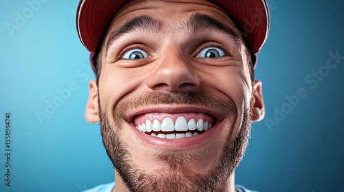 Man with a red hat and a big smile on his face. He has a lot of teeth and is looking at the camera