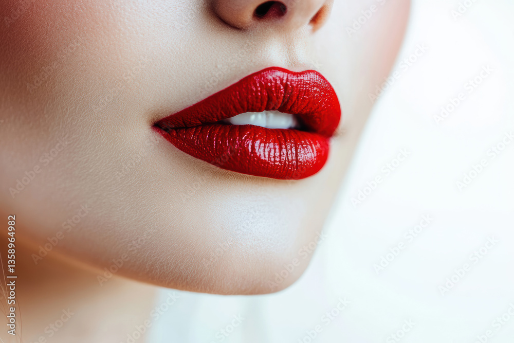 Obraz premium Beauty close-up of woman with bold red lipstick showcasing flawless makeup