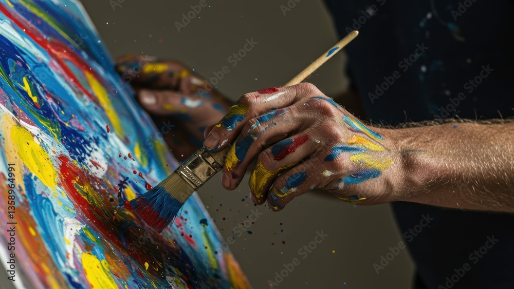 Obraz premium Close-up of an artist's hands covered with paint, The artist is painting on canvas with a brush, in studio, artistic expression and creativity are highlighted,
