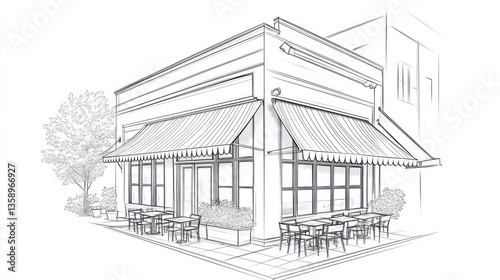 Sketch of a cafe with outdoor seating, vintage building, architectural drawing