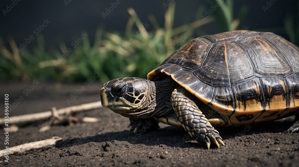 Fototapeta premium A close-up of a beautiful tortoise sunbathing on warm soil, surrounded by green grass.