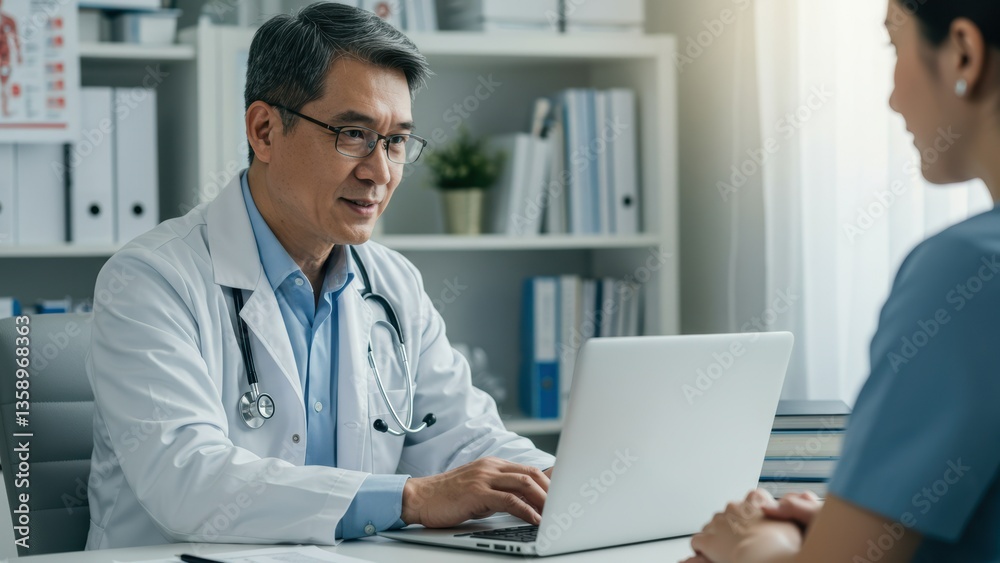 In a bright office, an Asian male doctor types on a laptop while consulting with a female patient, Focus is on digital health records and patient care,