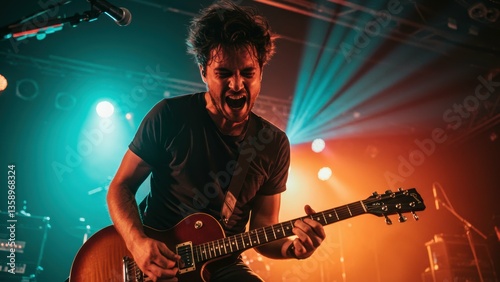 Obraz na płótnie Excited Caucasian man in his 20s playing electric guitar during live concert, Stage lighting creates dynamic atmosphere, showcasing passion, Performing arts, music lifestyle, w salonie
