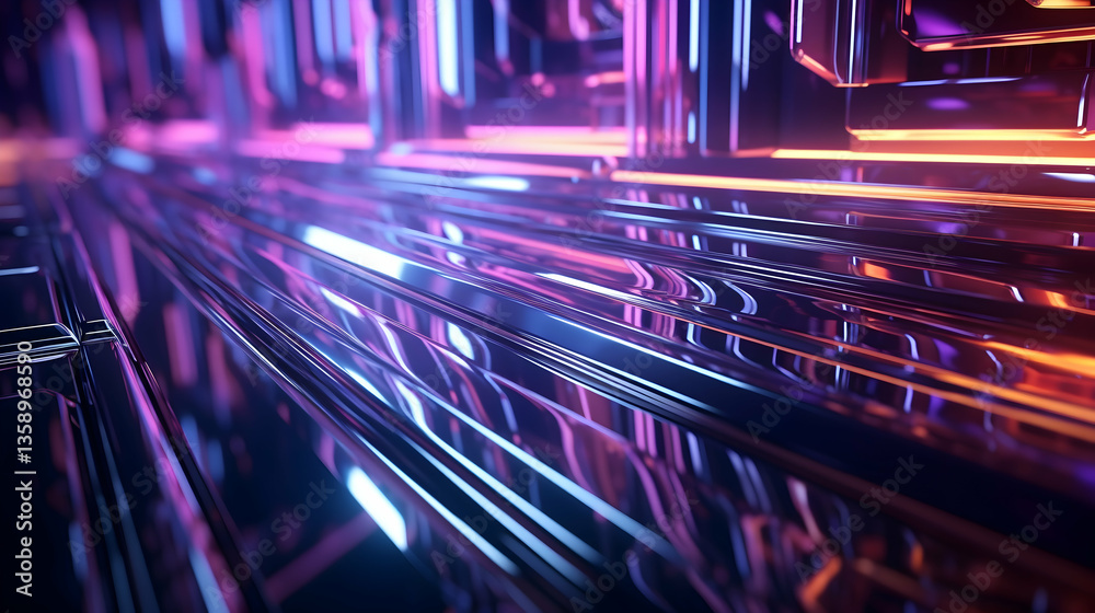 Obraz premium A journey through a vibrant, neon-lit cityscape, reflecting futuristic architecture and sleek, metallic surfaces in dazzling purple and orange hues.