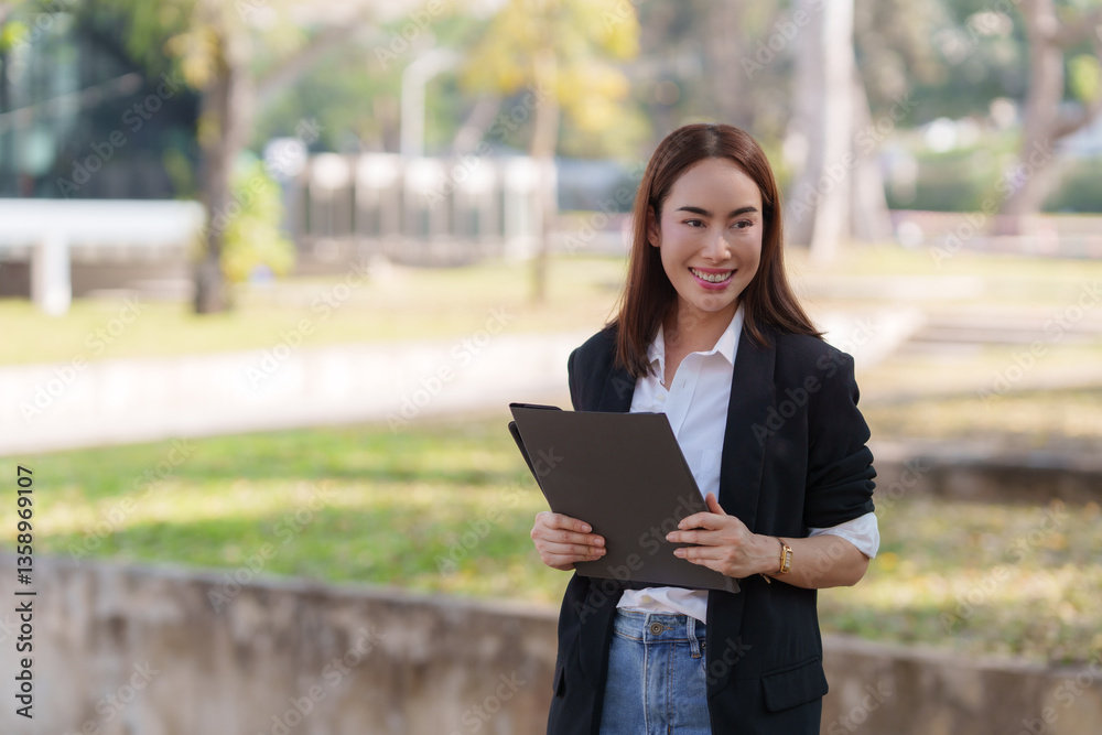 Obraz premium Smiling businesswoman holding documents in park: professional woman walking outdoors