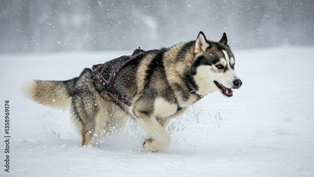 Naklejka premium Running husky dog with a harness in winter, Neutral lighting creates sense of speed and movement, suitable for conveying winter sports and active lifestyles, endurance,