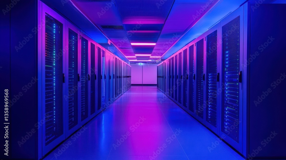 Fototapeta premium Hallway lined with servers illuminated by pink and blue neon lighting. Use this for digital infrastructure, IT solutions, or data center concepts.