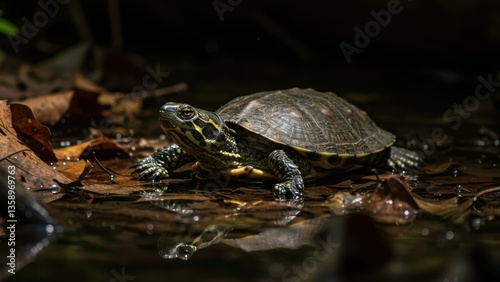 A turtle, basking in low sunlight, sits in shallow water covered with leaves, Reflection in the water, Focus on conservation and the beauty of wildlife,
