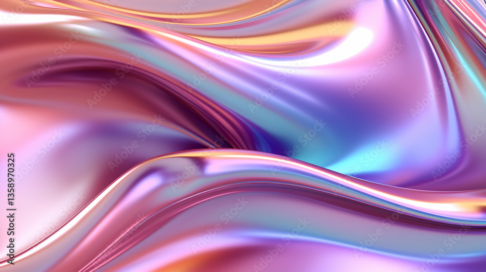 Fototapeta premium Dreamlike iridescent silk flowing in gentle waves, showcasing a mesmerizing blend of pink, purple, and blue hues.