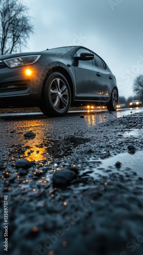 Low-angle view of a car driving on a wet road with puddles and orange reflect...