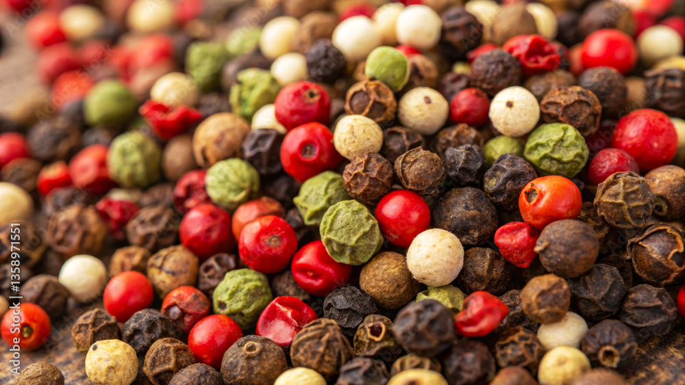 Macrophotograph of a mixture of black, white, green and pink peppers. Natural spices, spices for cooking, flavorful ingredient for dishes, texture, dried product. Macrophotograph of a mixture of black, white, green and pink peppers. Natural spices, spices for cooking, flavorful ingredient for dishes, texture, dried product.